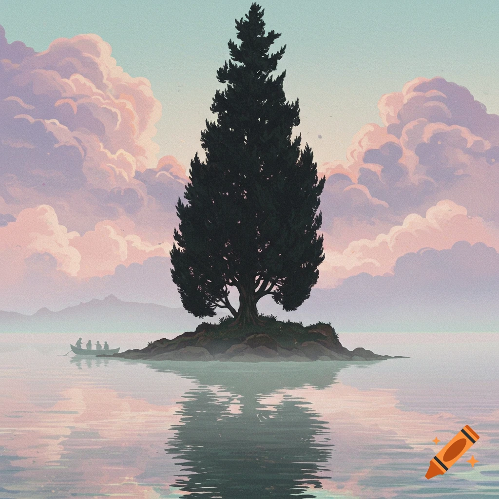 Stylized painting of a tree on an island in a lake, with a boat rowing nearby, under a sky with pink clouds reflected in the water.