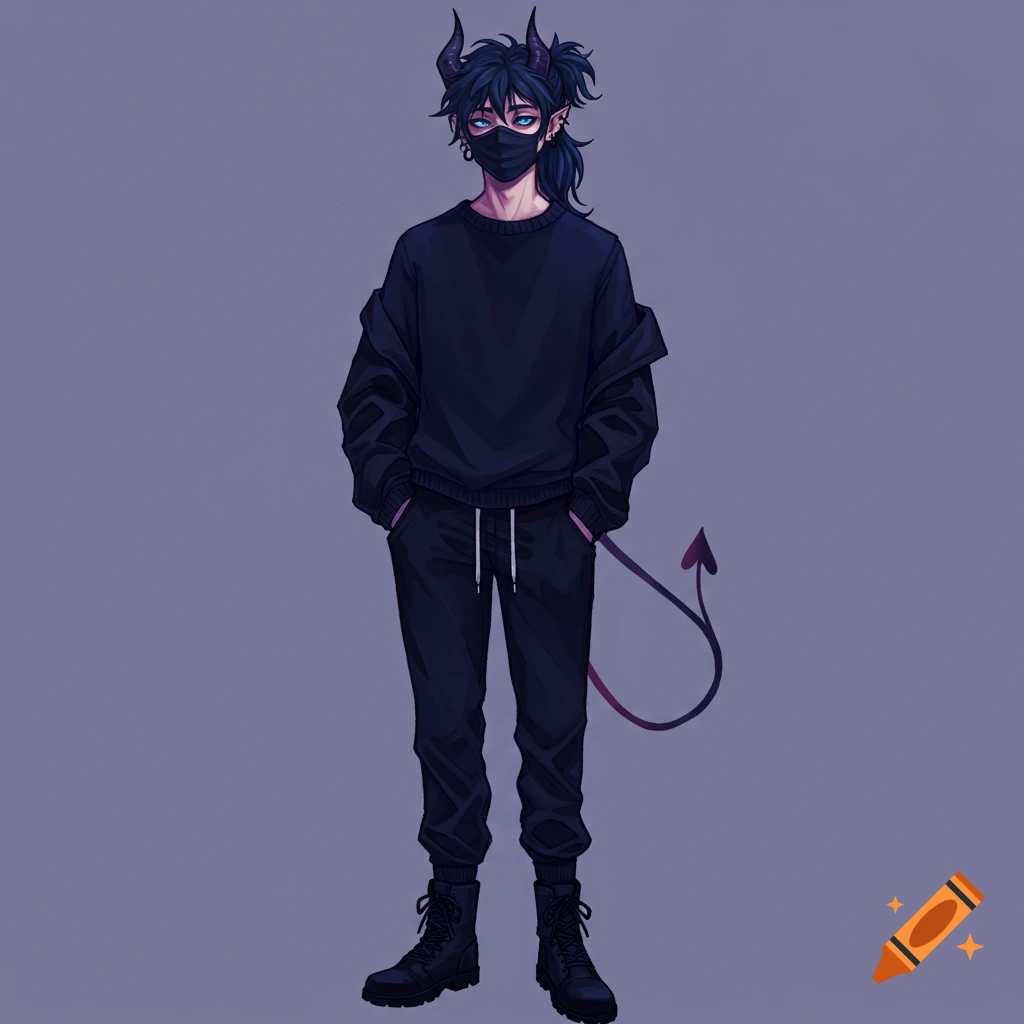 A character with horns and a tail, wearing a black mask, sweater, and sweatpants, standing against a purple background.