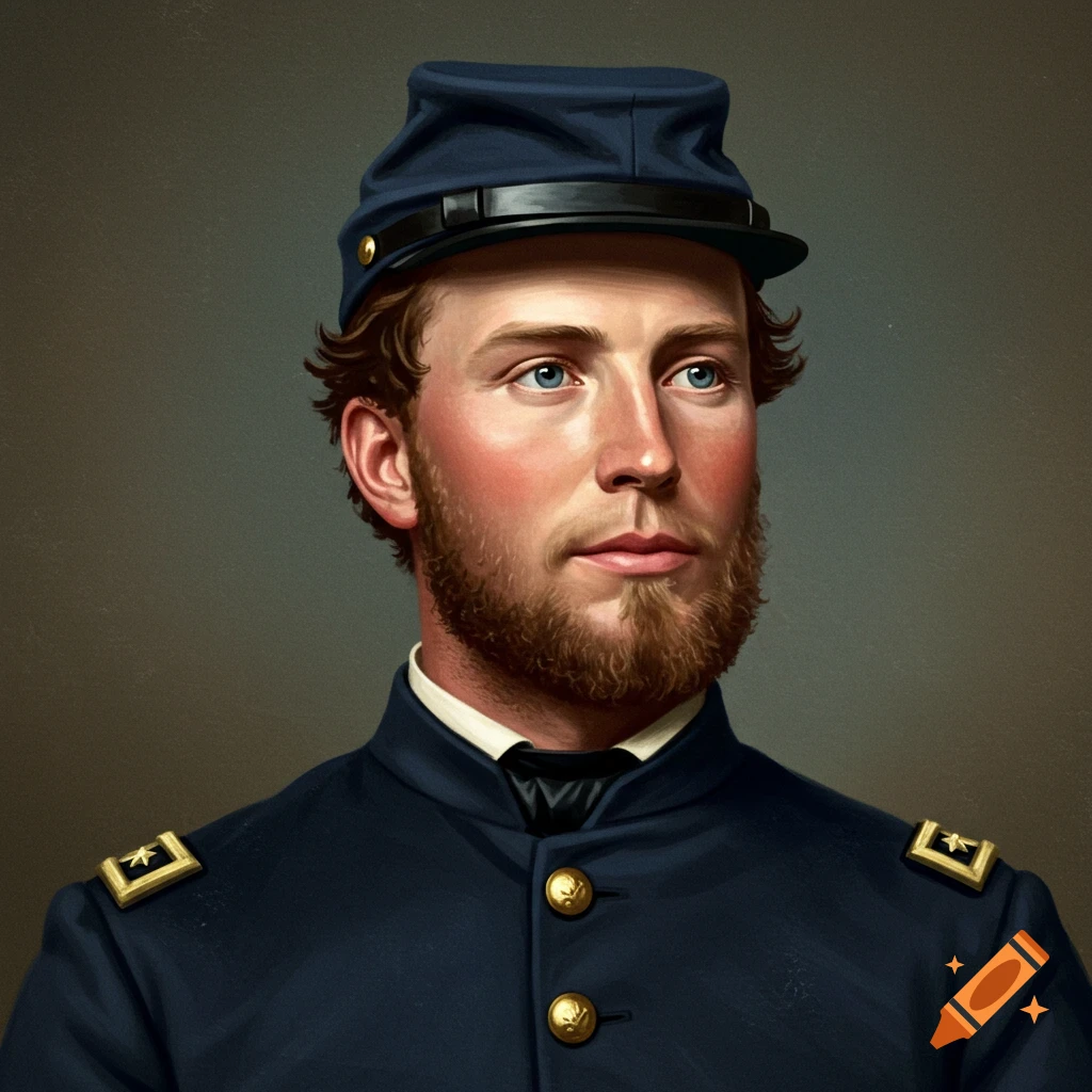 Painted portrait of a young Union Army Captain in blue uniform and kepi.