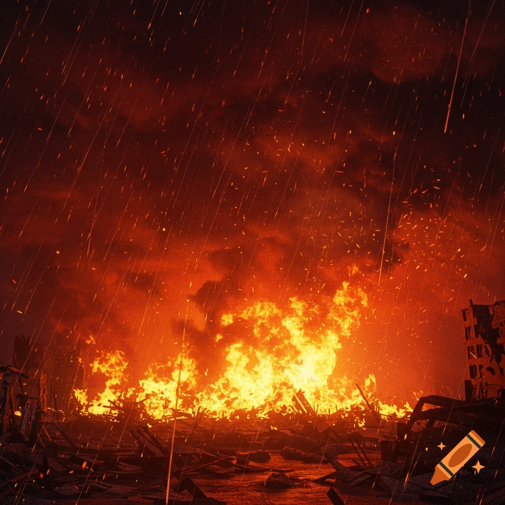 Intense fire engulfing a destroyed landscape under a dark, stormy sky with rain or sparks.