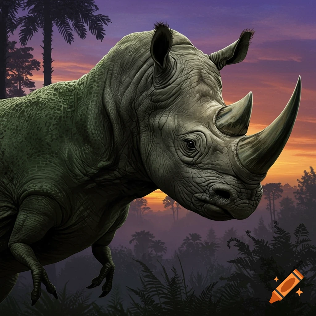 A rhinoceros head on a creature in a prehistoric jungle at sunset.