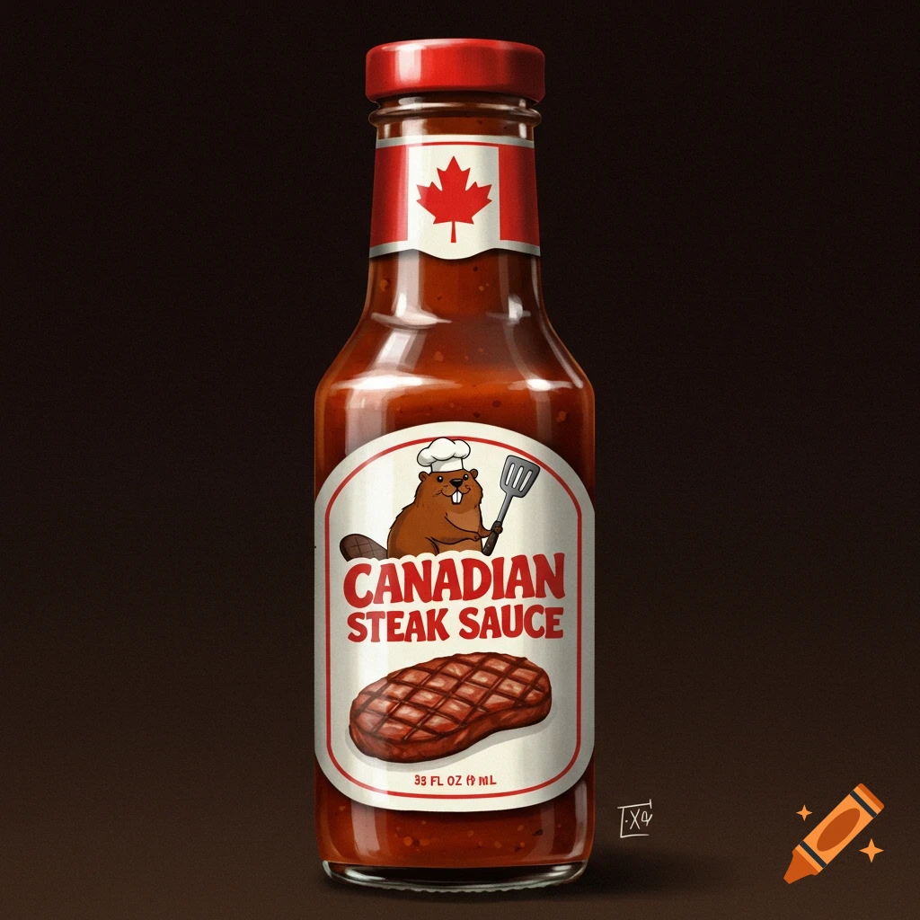 A bottle of Canadian steak sauce with a cartoon beaver logo holding a spatula.