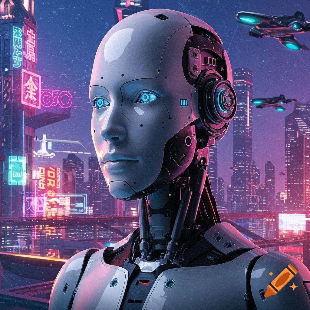 Portrait of a futuristic robot in a cyberpunk city at night