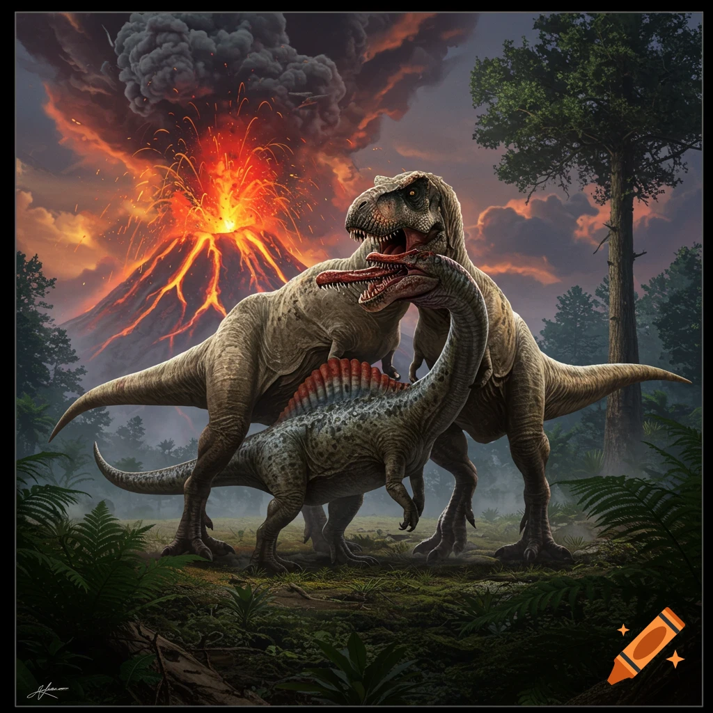 A T-Rex and Spinosaurus fighting in front of a volcanic eruption.