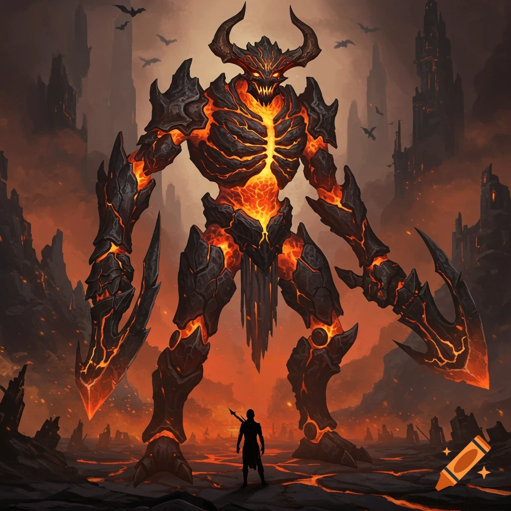 A small figure stands before a giant molten demon in a dark volcanic landscape.