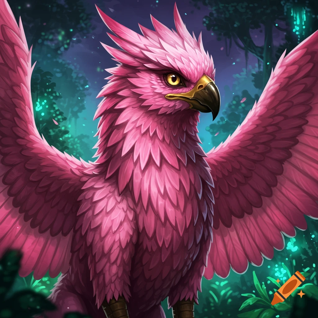 A vibrant pink griffin in a forest.