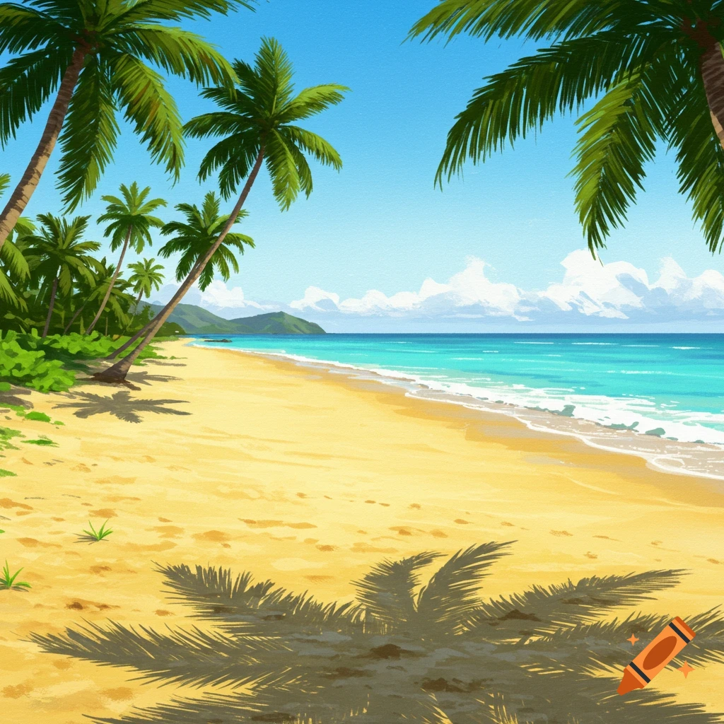 A tropical beach with palm trees casting shadows on the sand and clear blue water.