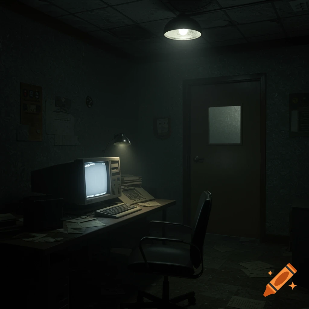 Dark, vintage office with old computer, desk chair, and scattered papers.