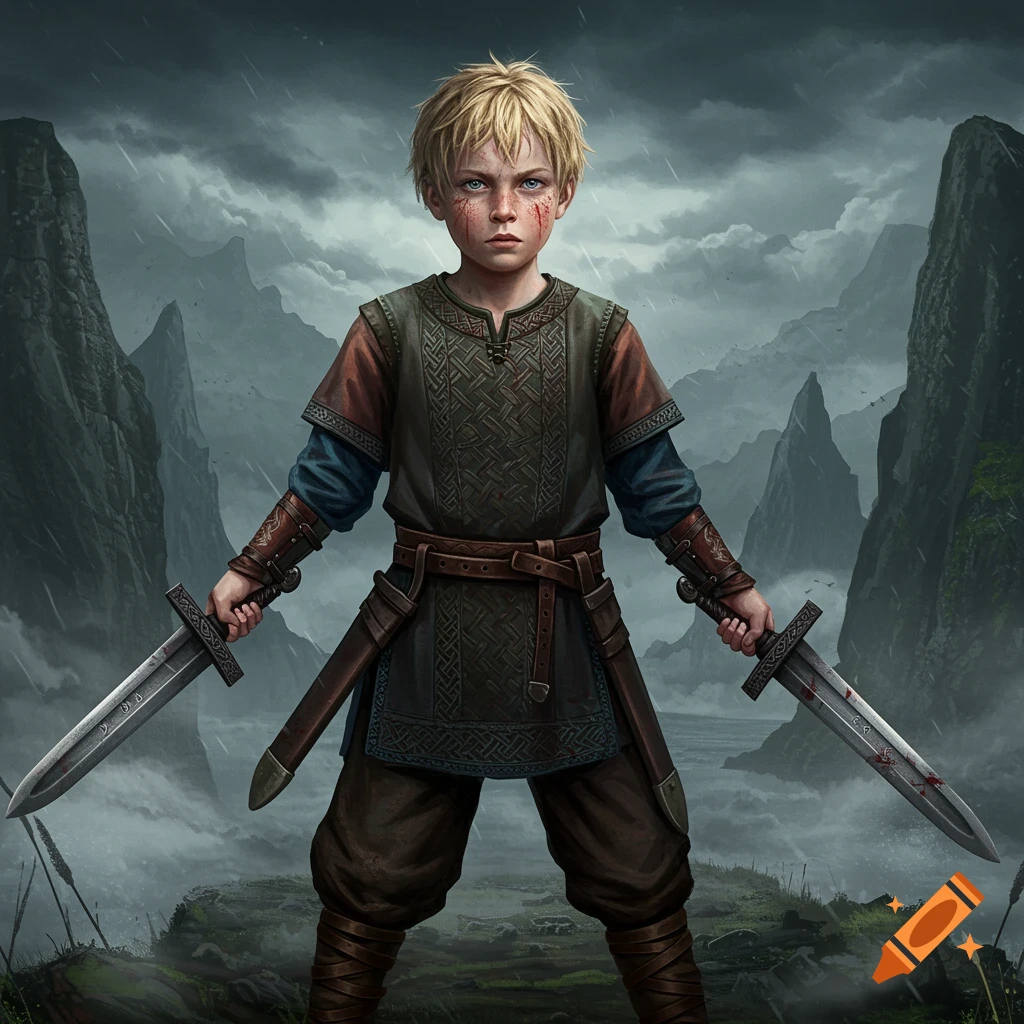 A young Viking boy with two swords in a stormy landscape.