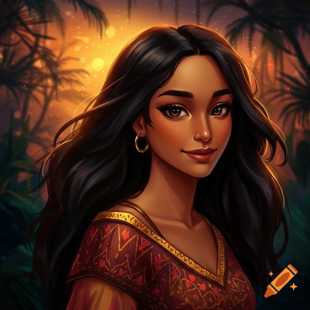 Portrait of a woman with long dark hair in a tropical setting.