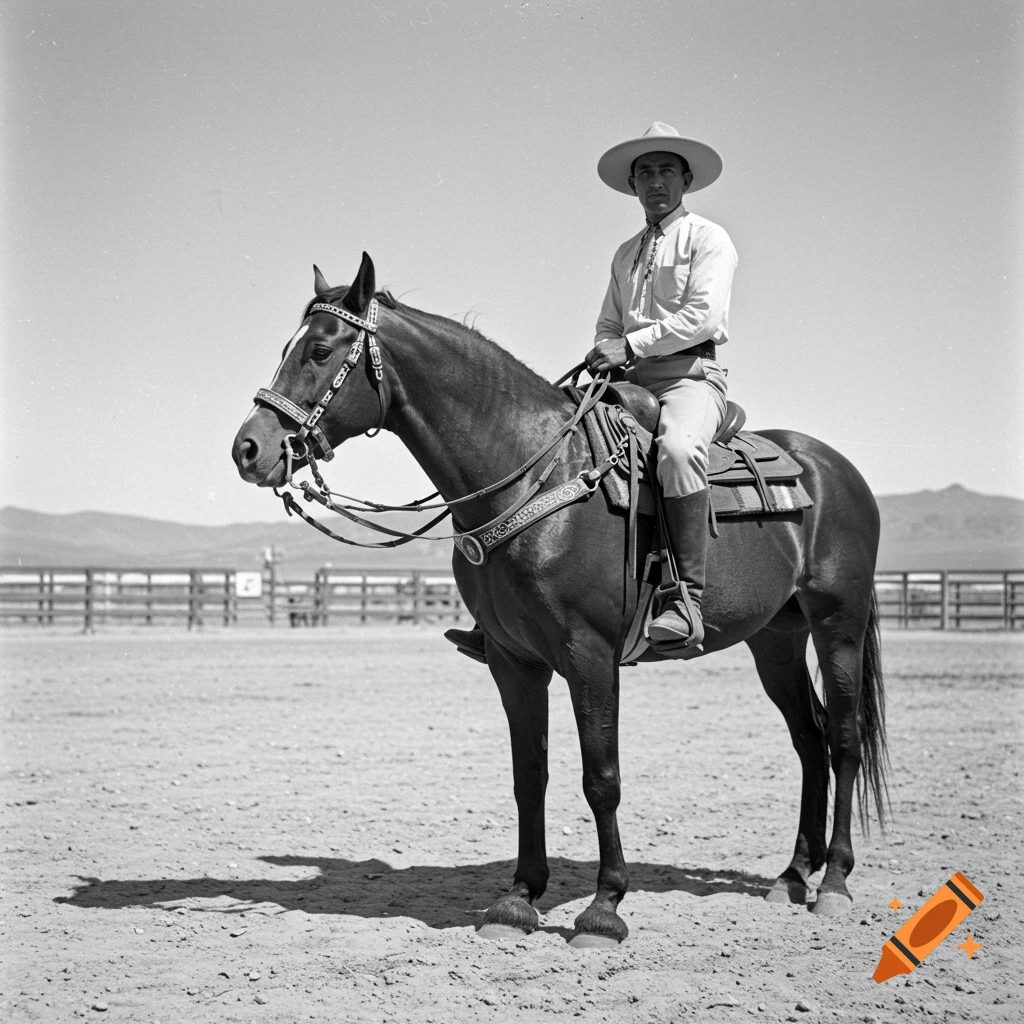 Black and white photo of a man on a horse in an outdoor arena.
