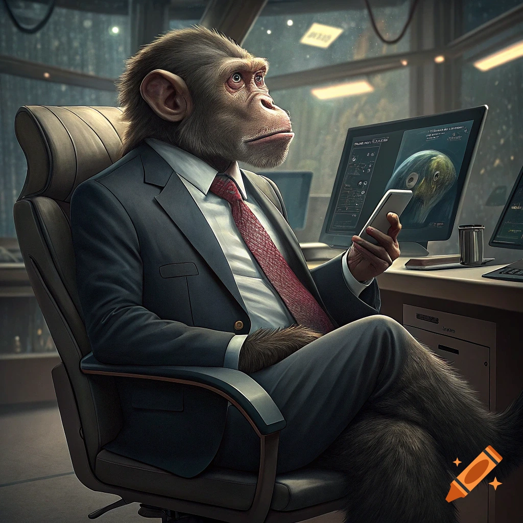 A chimpanzee in a suit sits at a desk with a phone and computer in an office.