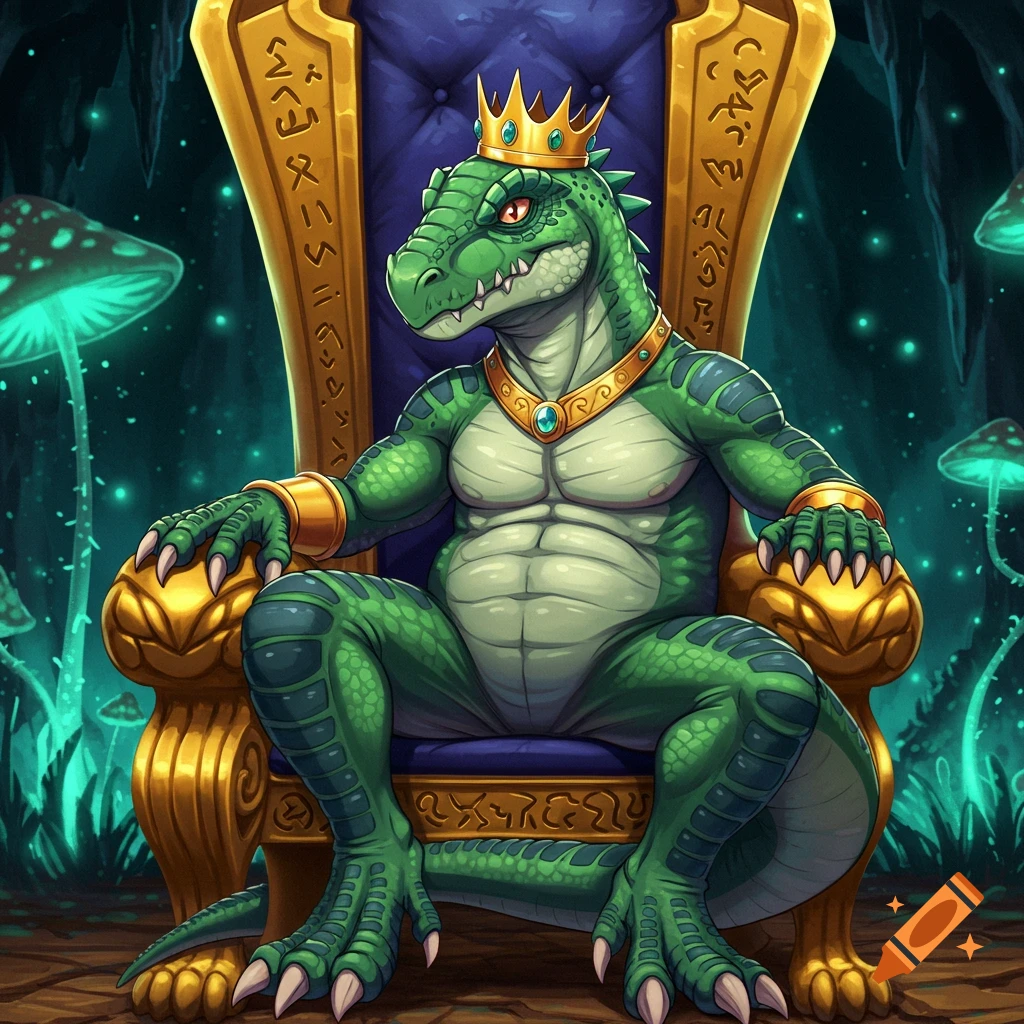 A green reptilian king with a crown sits on a golden throne in a fantasy cave.