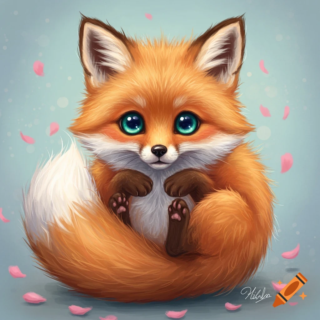 A cute picture of a fluffy fox with big eyes sitting with pink petals floating around.