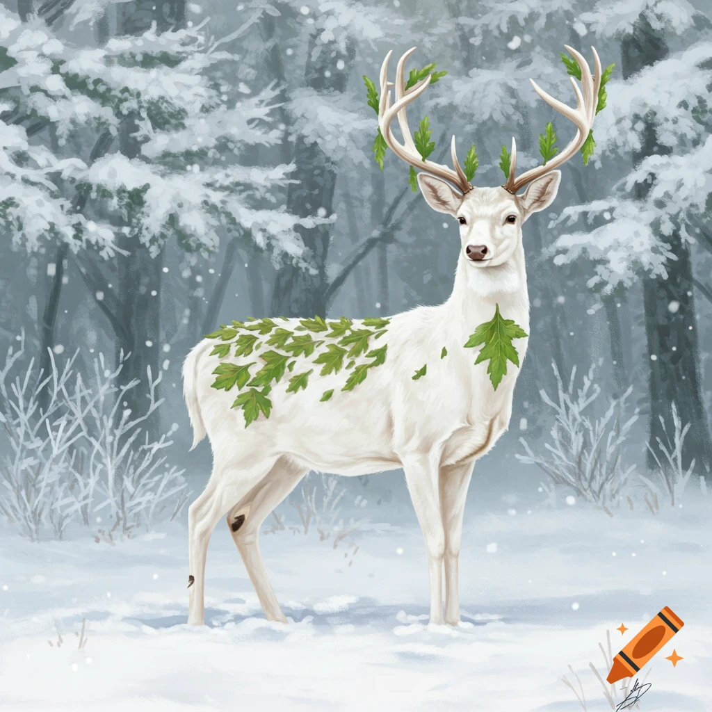 A white deer with leaves on body and antlers in a snowy forest