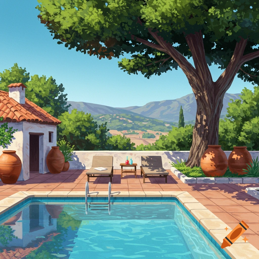 A swimming pool area with loungers overlooking a mediterranean landscape.