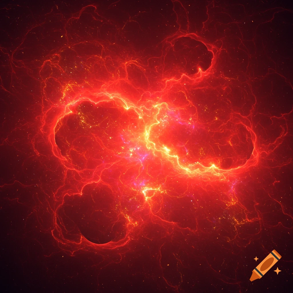 Abstract composition of red and yellow cosmic energy patterns