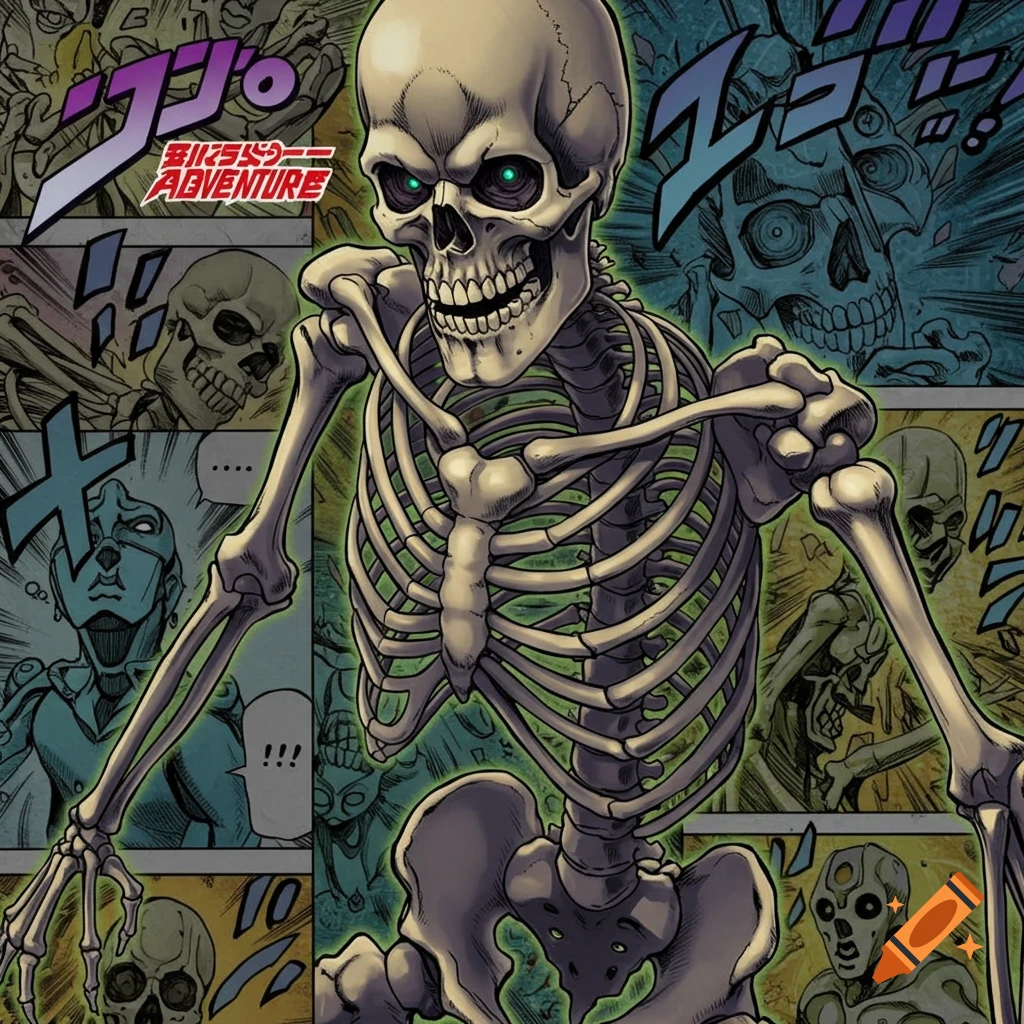 A skeleton depicted in the style of Jojo's Bizarre Adventure manga panels.