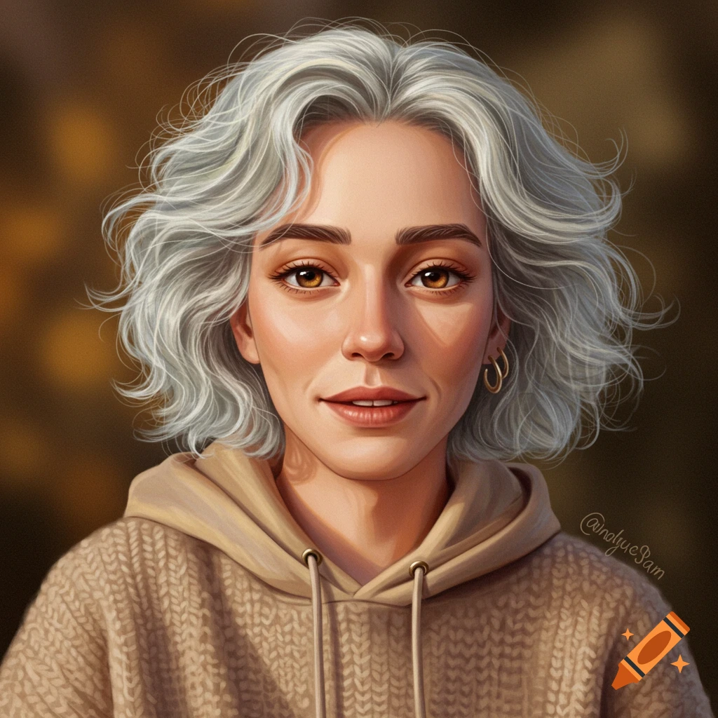 A woman with silvery-blonde hair and brown eyes is wearing a knit hoodie, against an autumn background.