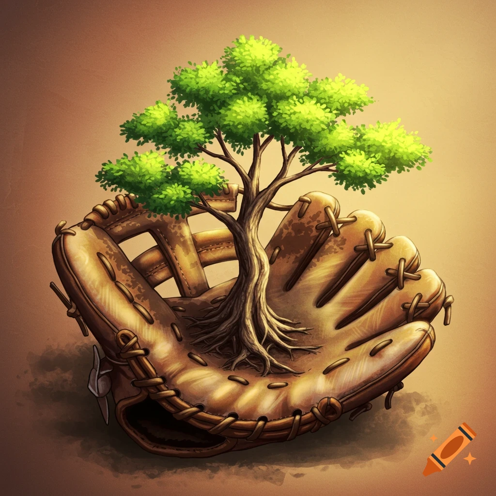 A tree growing out of a baseball glove.
