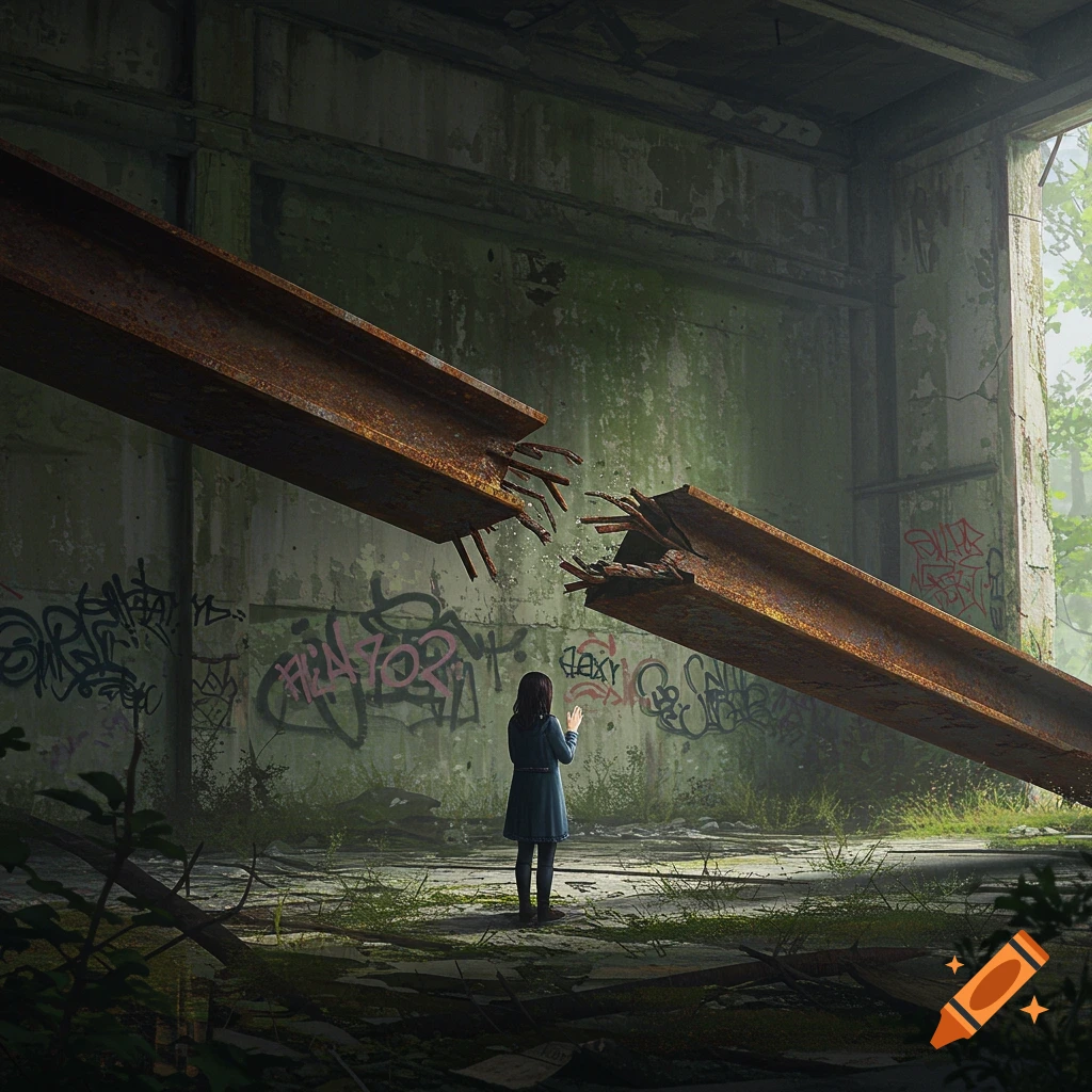 A girl stands in a ruined building with large broken beams and graffiti.