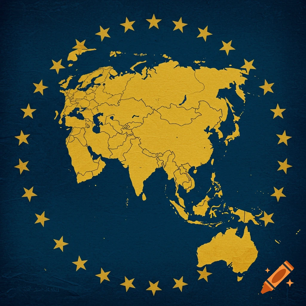 A yellow map of Asia and Oceania surrounded by yellow stars on a textured blue background.
