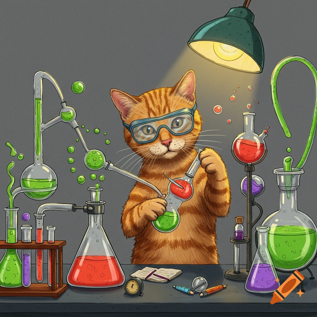 An orange cat wearing goggles is doing chemical experiments in a science lab.