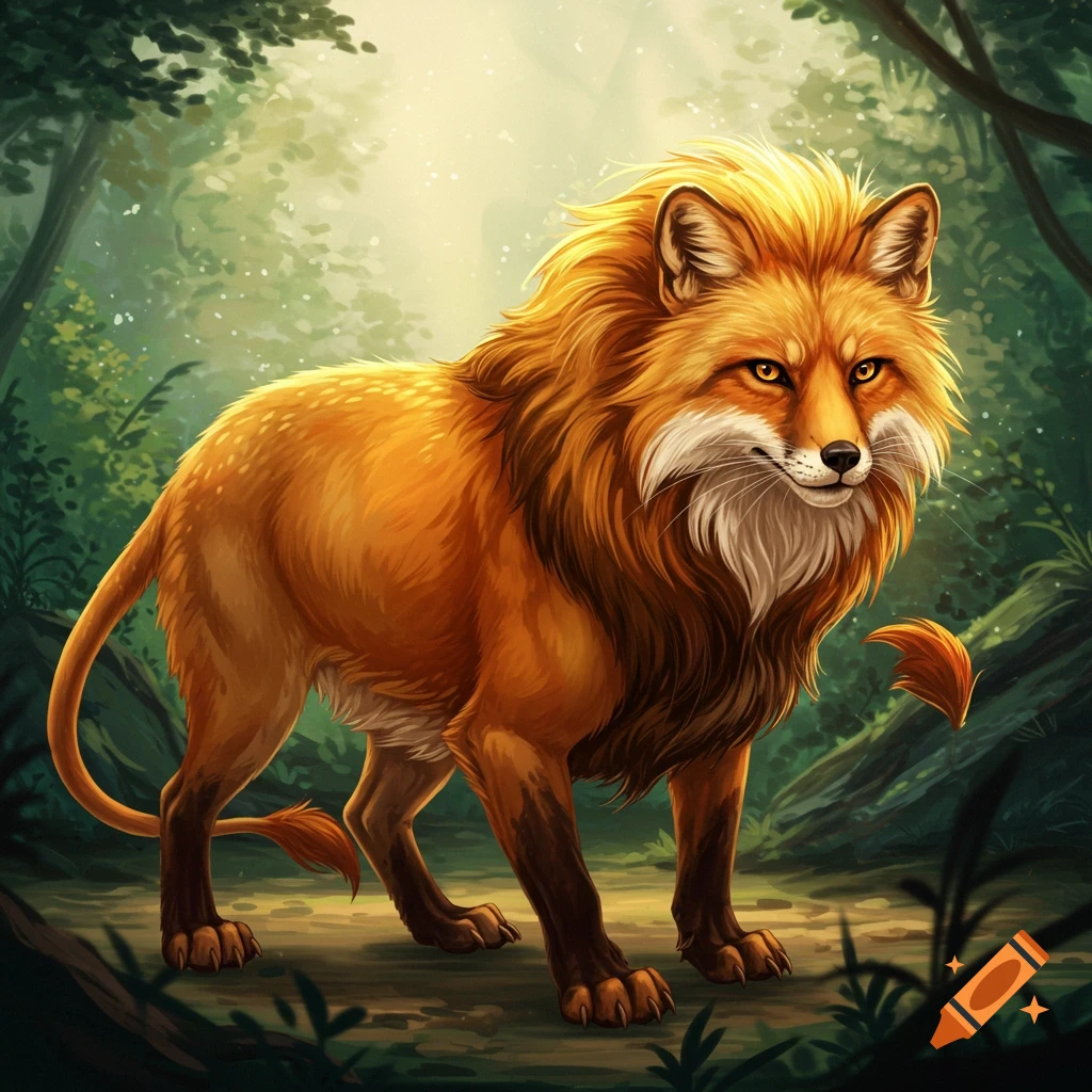 A fox-lion hybrid stands in a forest.