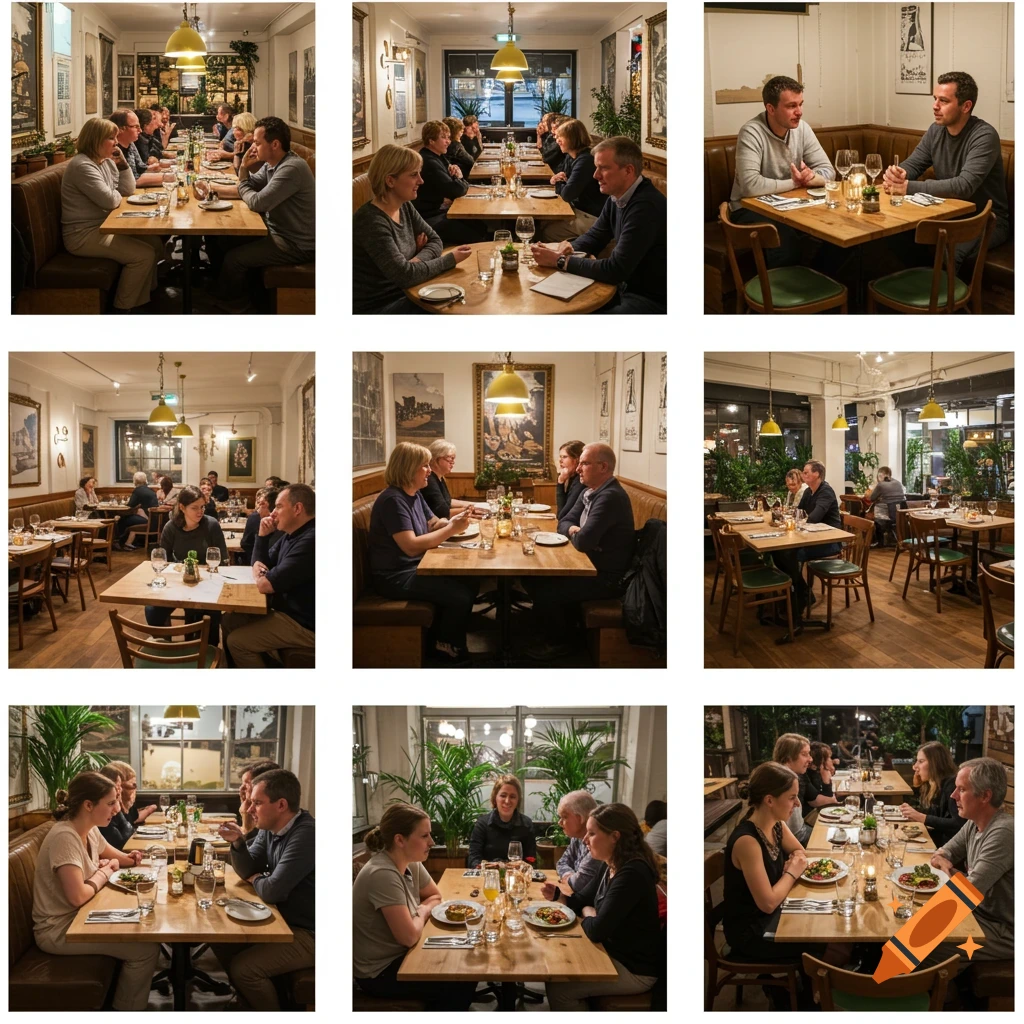 A collage of photos showing people dining and socializing in a restaurant