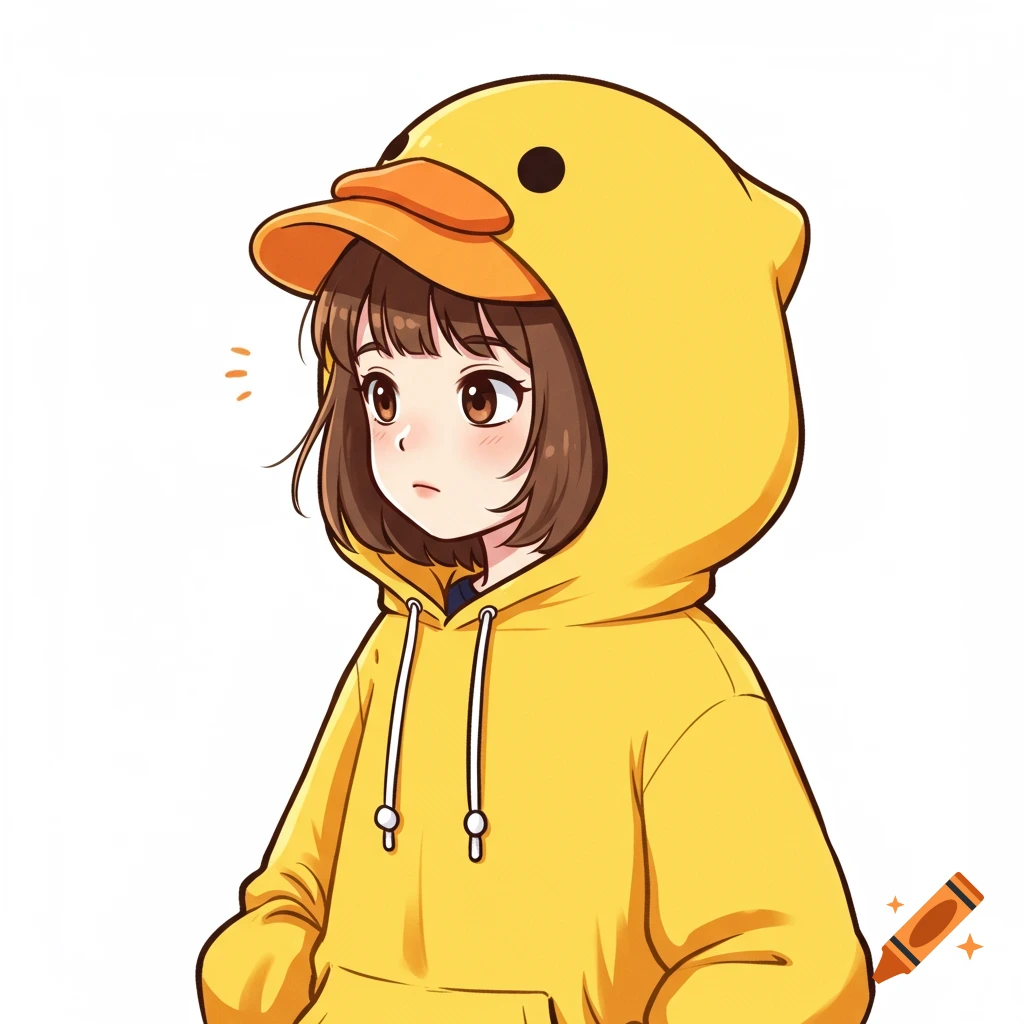 A cute cartoon girl with brown hair wearing a yellow duck hoodie.