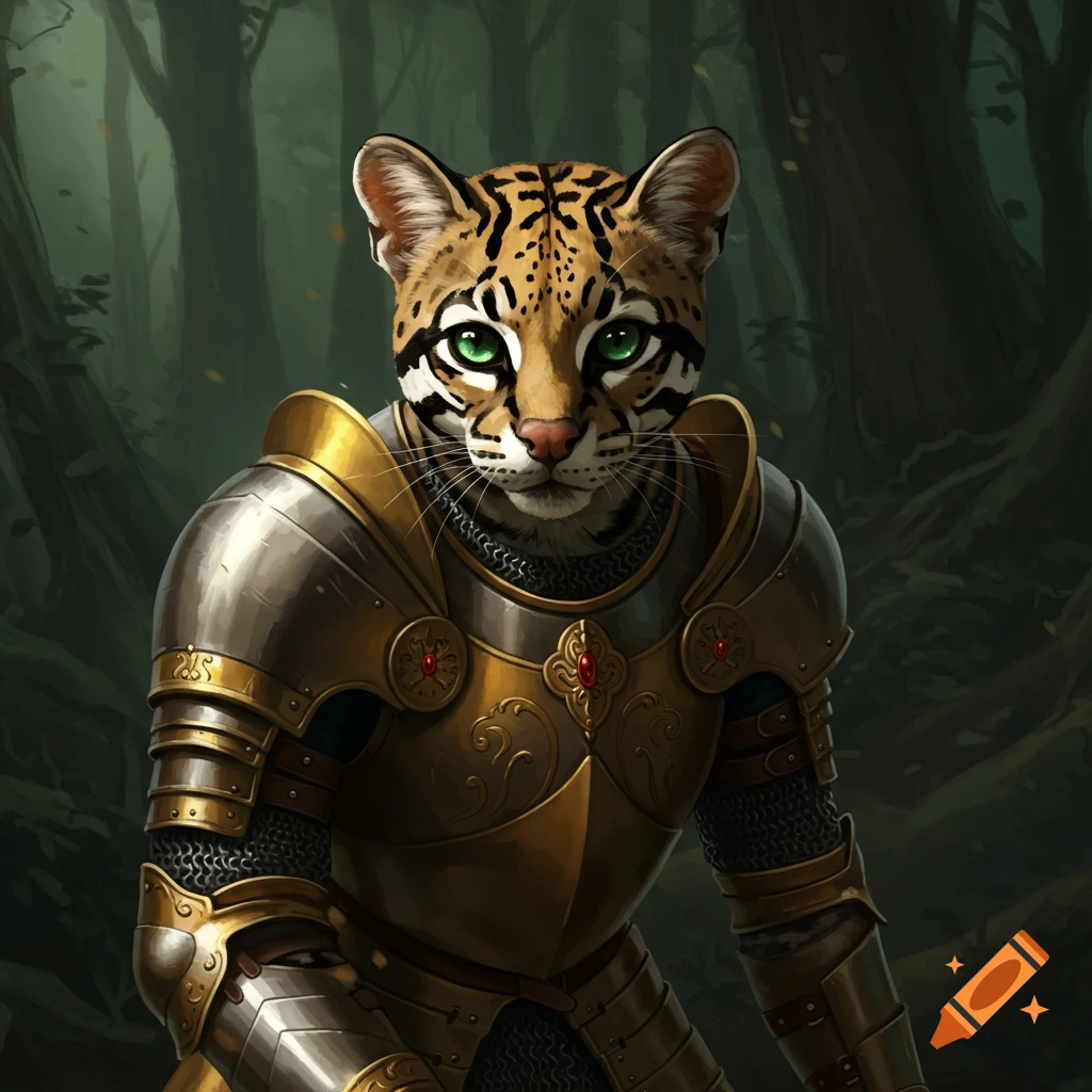 An ocelot wearing golden armor is depicted in a forest.