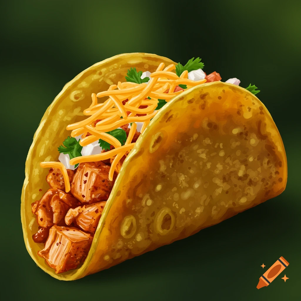 A chicken taco with cheese and toppings on a dark background.