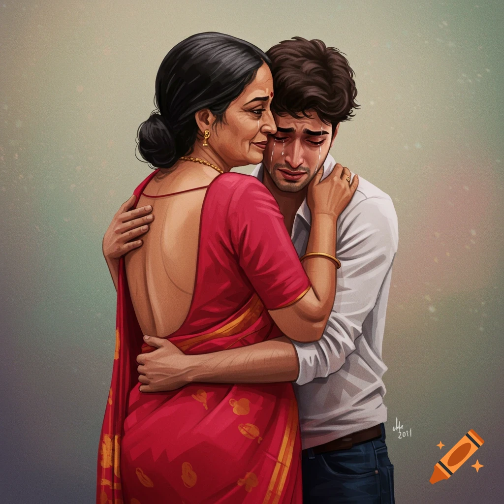 An older woman in a red saree hugging her crying son.