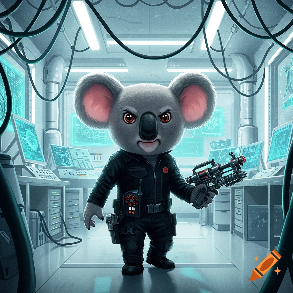 A koala in a tactical suit holding a futuristic gun in a laboratory.