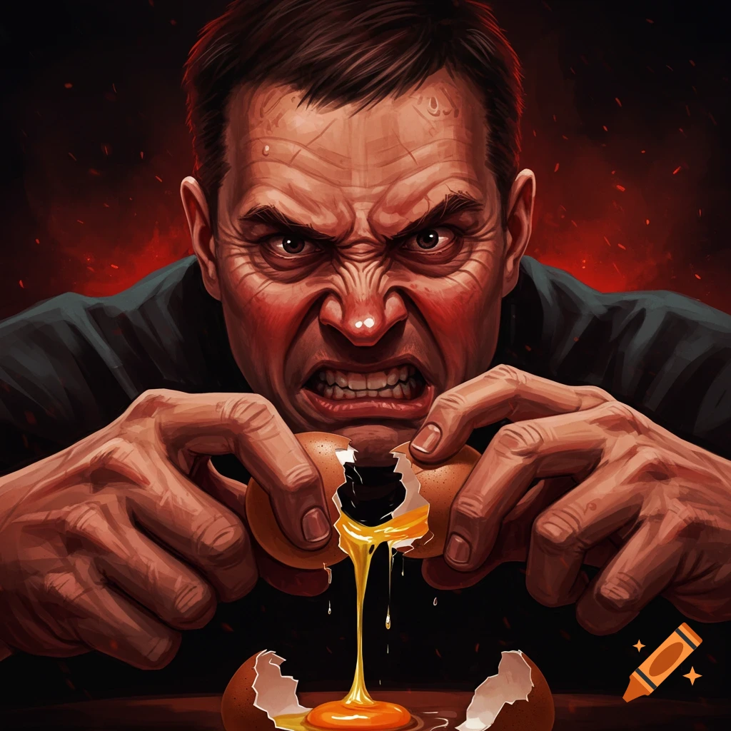 An angry man cracking an egg close-up