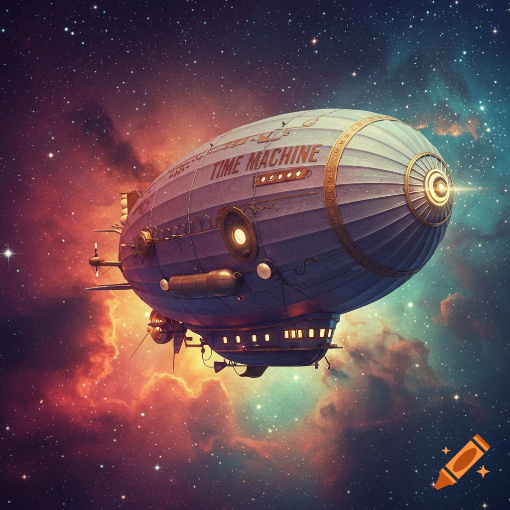 A time machine blimp floating in space with a colorful nebula.