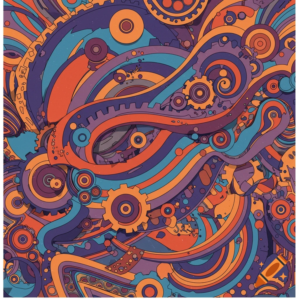 Colorful abstract illustration of mechanical gears intertwined with flowing shapes in orange, purple, and blue.