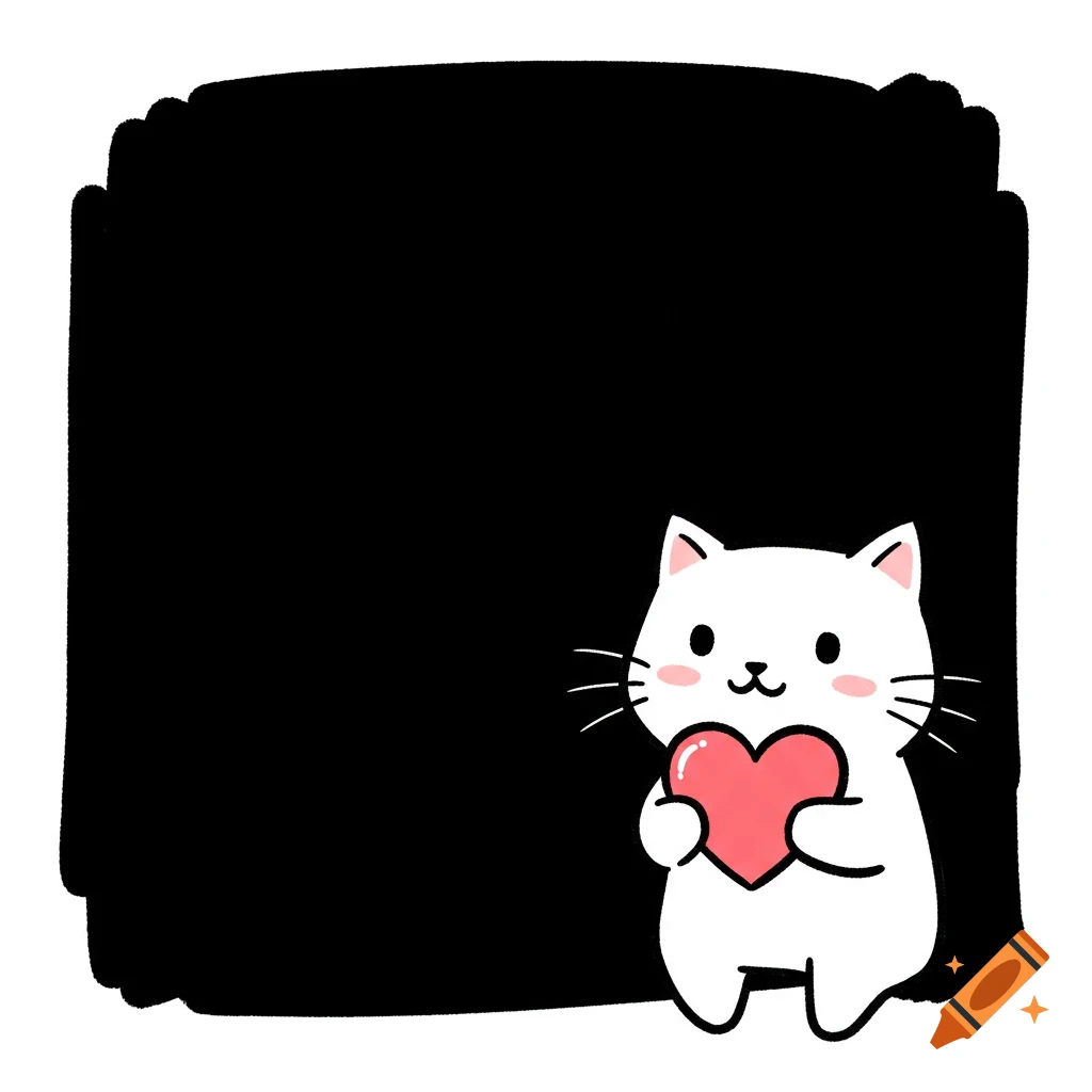 A cute white cat holding a pink heart in the lower right corner against a black background, in a doodle style.