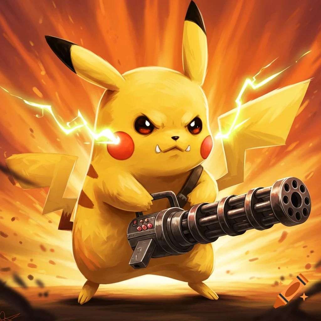 An angry Pikachu holds a minigun in front of an orange explosion.