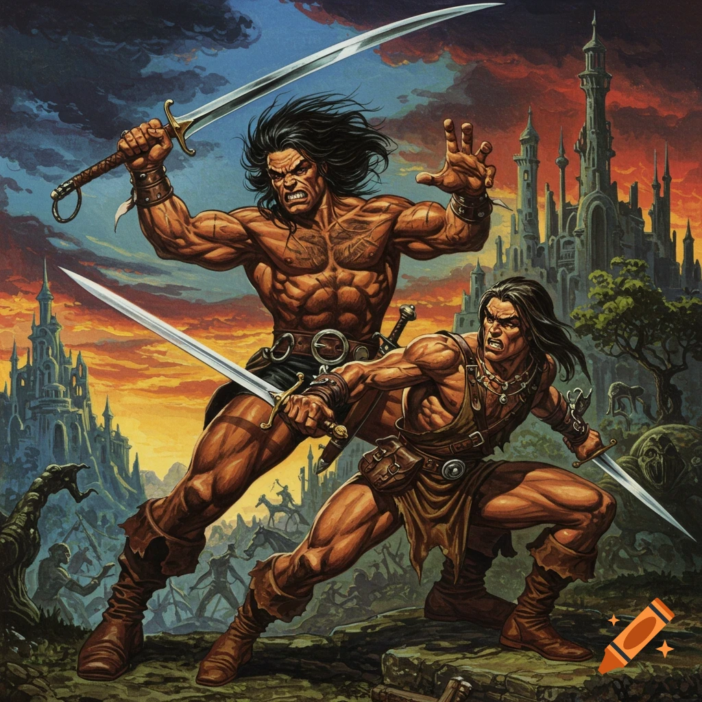 Two muscular fantasy warriors with swords in a Frazetta-style illustration against a castle background.