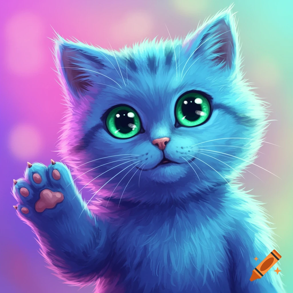 A cute fluffy blue anime cartoon cat with big green eyes waves a paw against a pastel background.