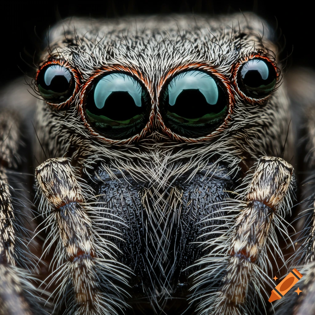 Extreme macro photograph of a jumping spider's face, focusing on its large, reflective eyes and hairy texture.