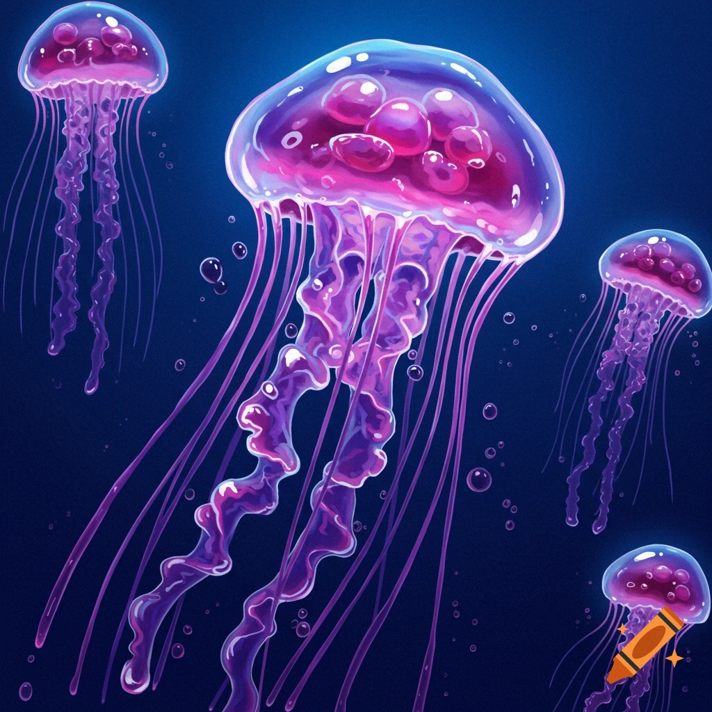 Glowing purple jellyfish in dark water