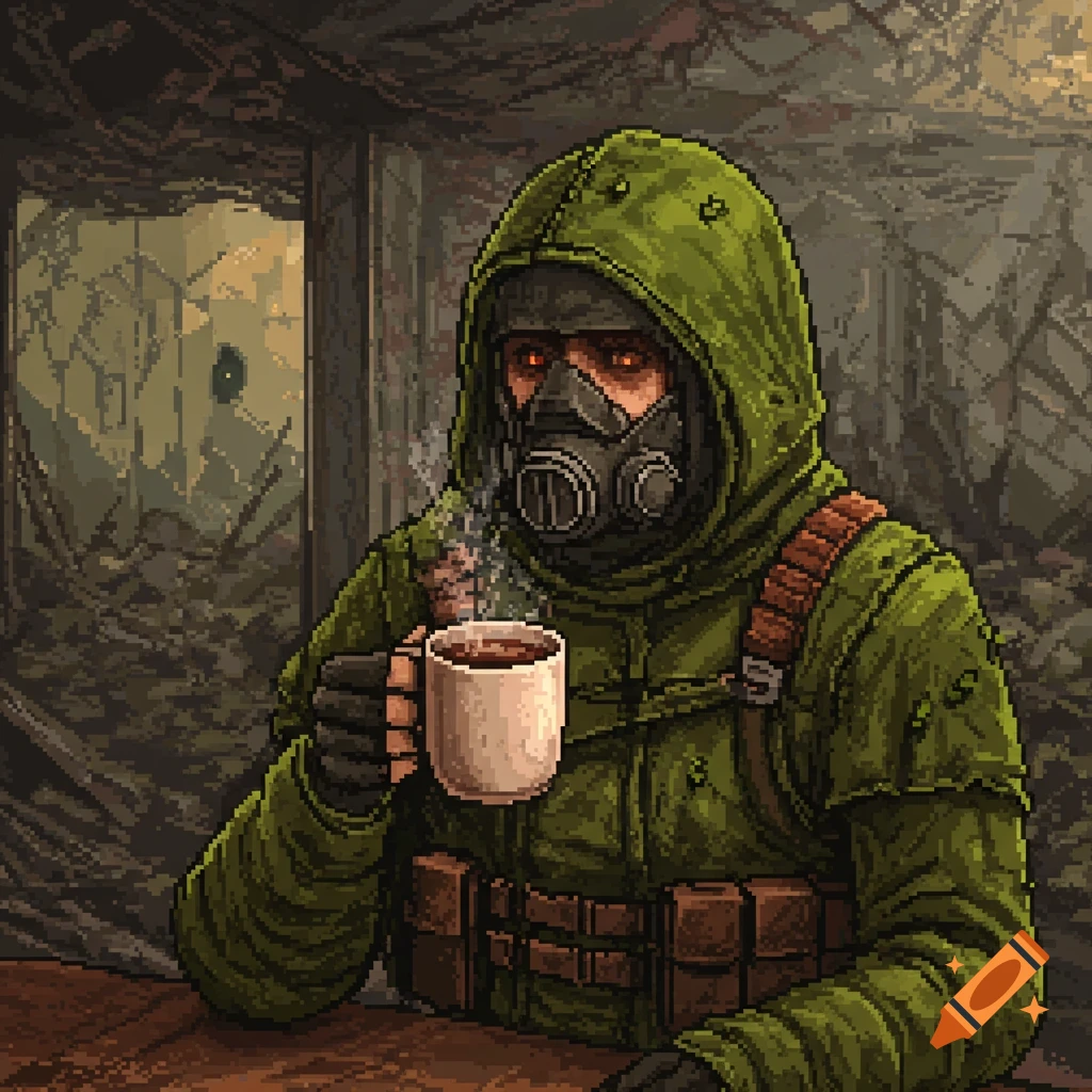 Pixel art of a person in a gas mask and hood holding a steaming coffee mug in a dark room.