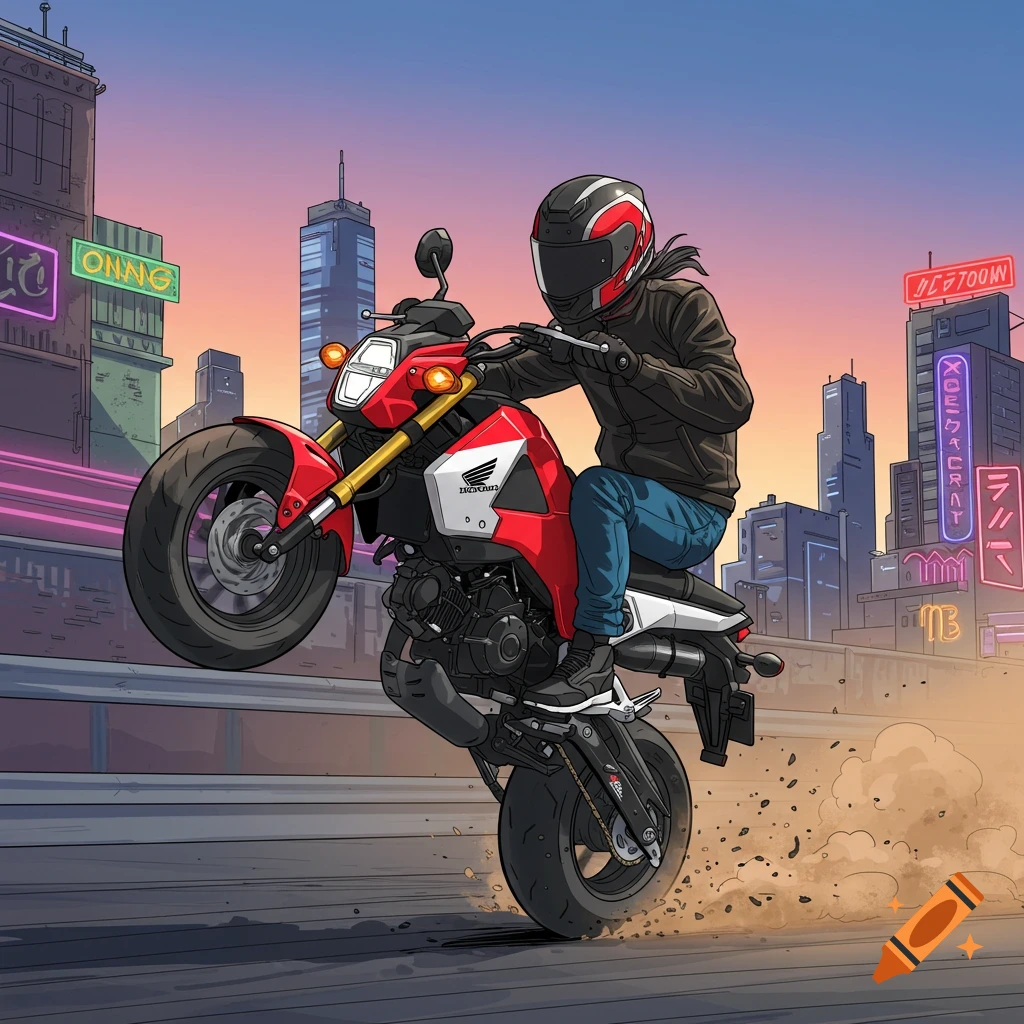 A person is doing a wheelie on a red motorcycle in a city.