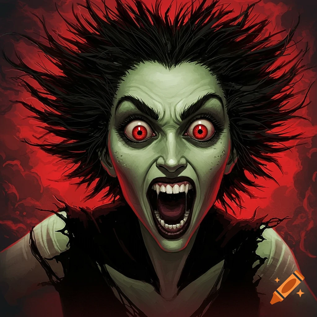 A green-skinned creature with wild black hair, red eyes, and fangs, screaming.