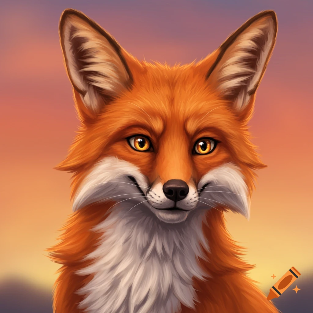 portrait of a red fox against a sunset background