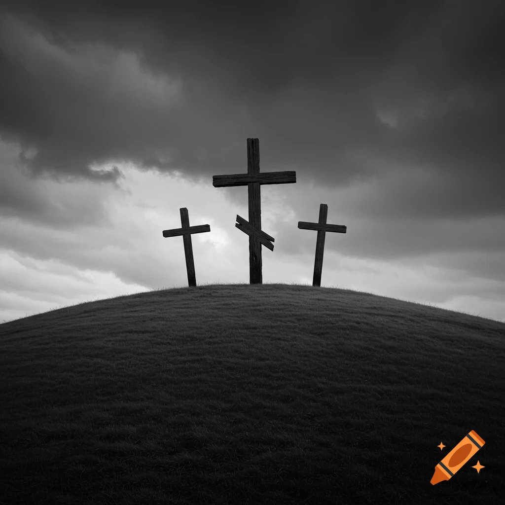 Three crosses stand on a grassy hill beneath a stormy gray sky. Grayscale.