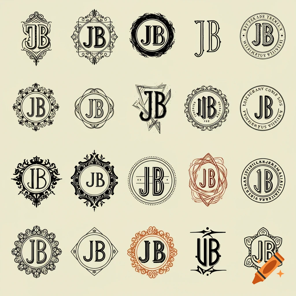 A grid showing many different black and brown monograms featuring the letters JB in decorative styles.