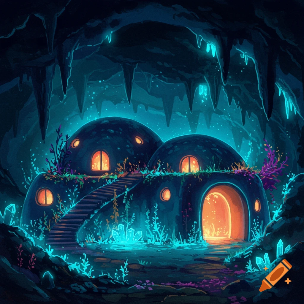 Glowing mushroom-like houses built into a dark cave with bright crystals.